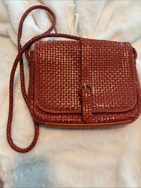 Vintage Valerie Stevens Woven Genuine Leather Crossbody Bag Cognac